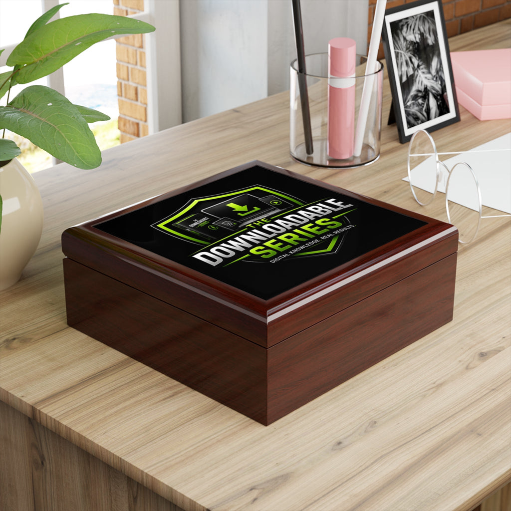 Downloadable Series Jewelry Box – Black Gloss Keepsake Chest with Green Logo