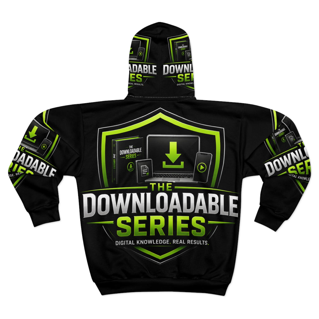 The Downloadable Series Zip Hoodie — Black & Neon Green Logo Hoodie