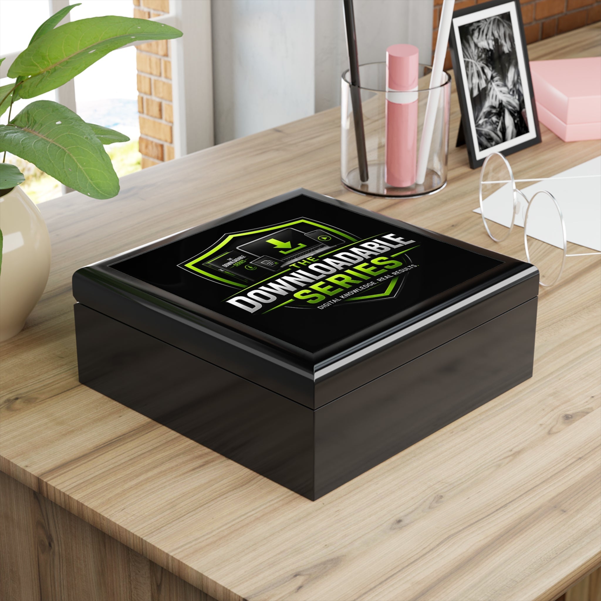 Downloadable Series Jewelry Box – Black Gloss Keepsake Chest with Green Logo