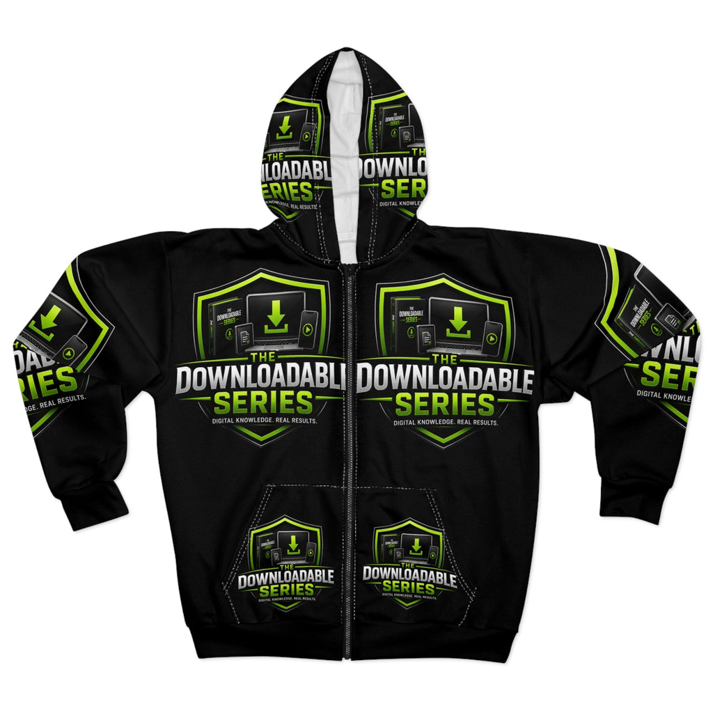 The Downloadable Series Zip Hoodie — Black & Neon Green Logo Hoodie