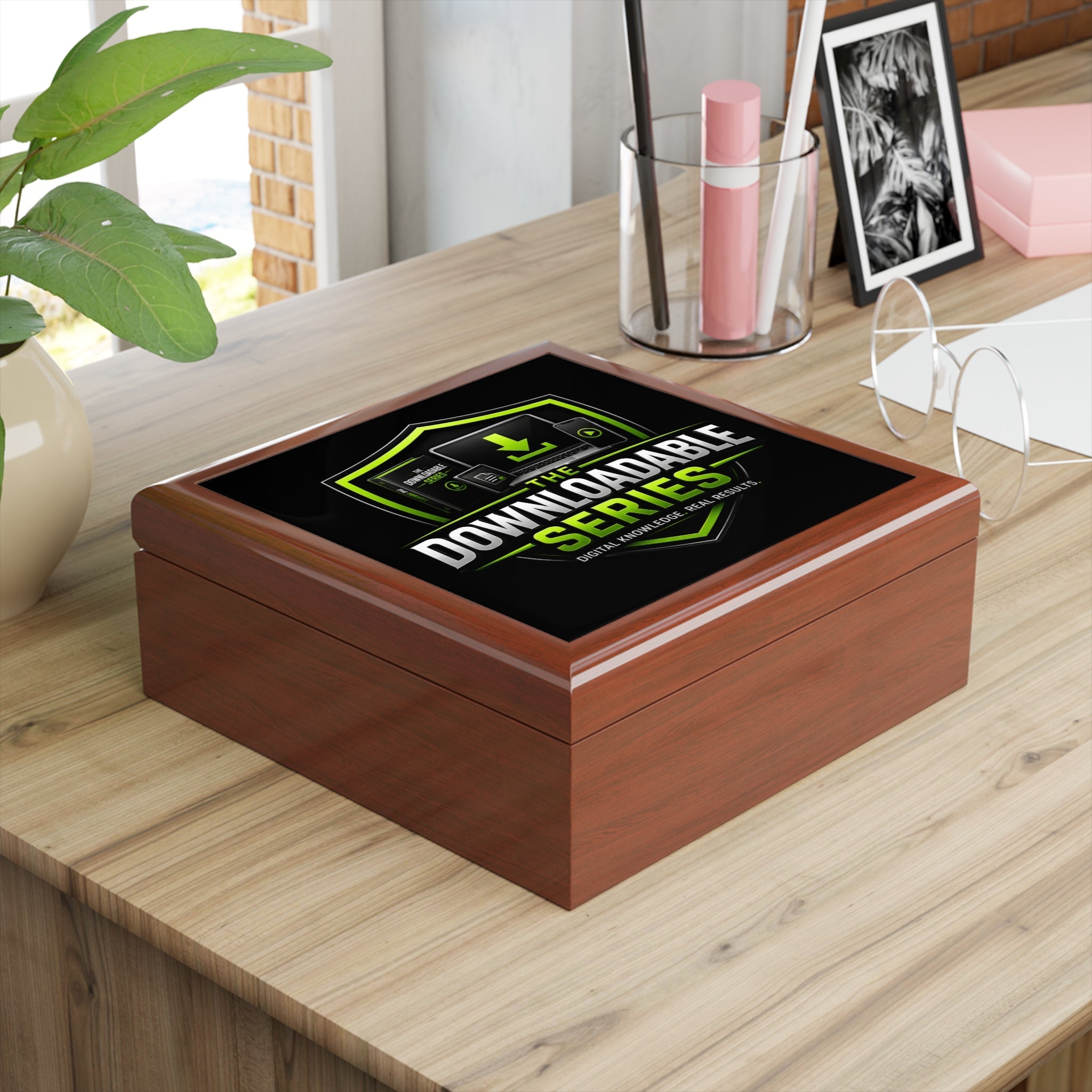 Downloadable Series Jewelry Box – Black Gloss Keepsake Chest with Green Logo