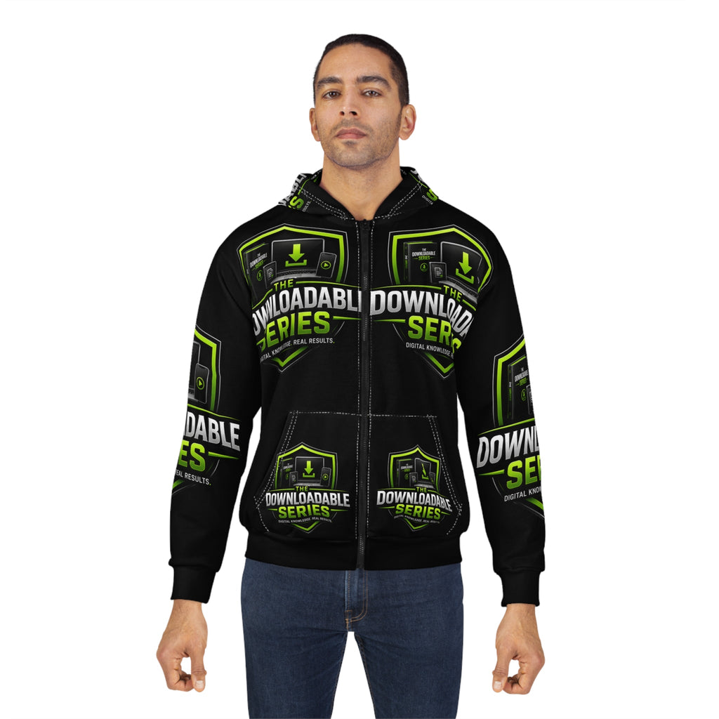 The Downloadable Series Zip Hoodie — Black & Neon Green Logo Hoodie