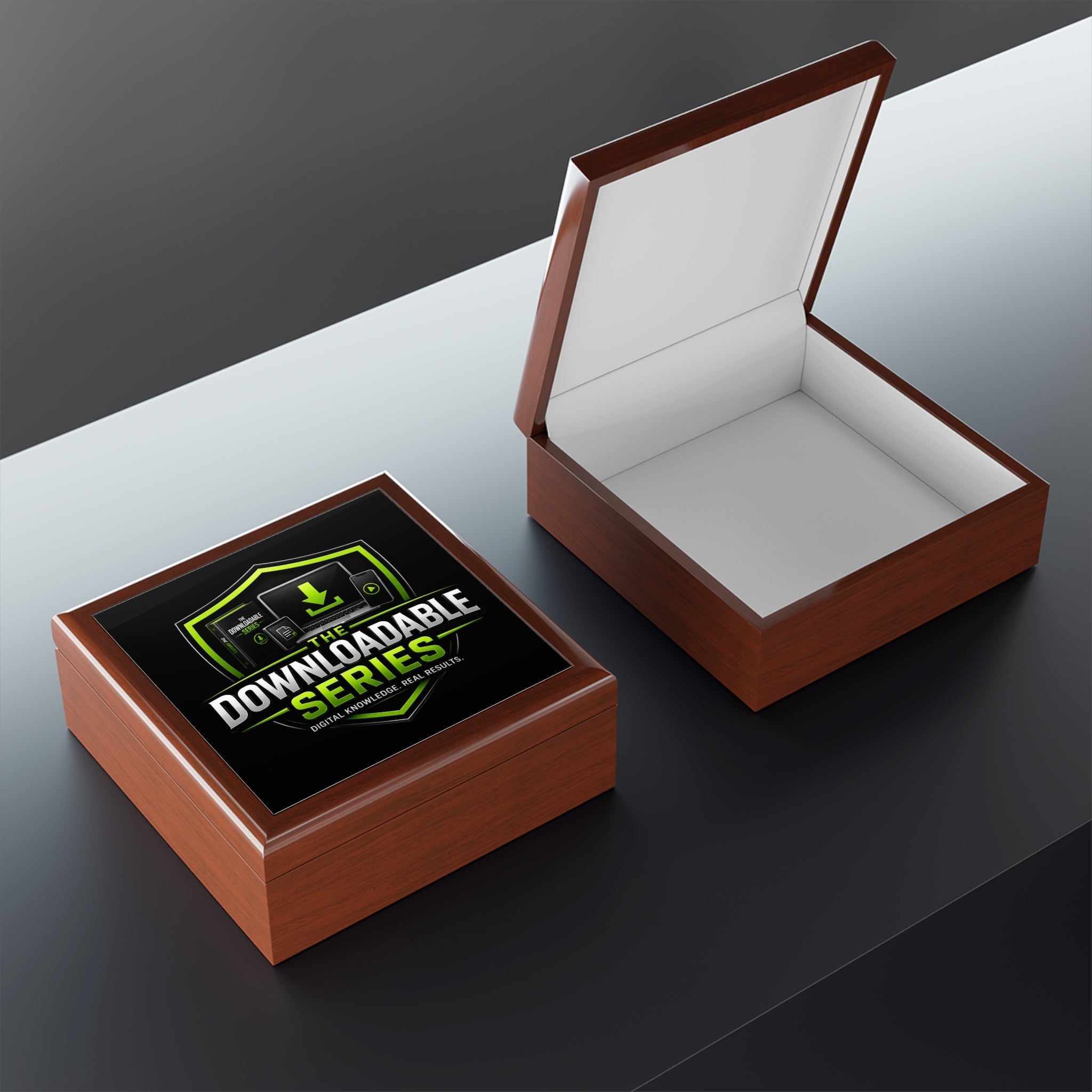 Downloadable Series Jewelry Box – Black Gloss Keepsake Chest with Green Logo