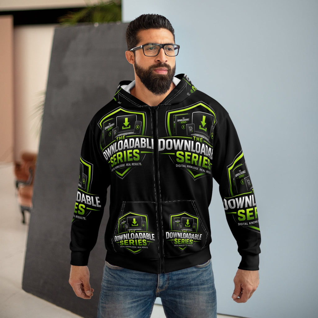 The Downloadable Series Zip Hoodie — Black & Neon Green Logo Hoodie